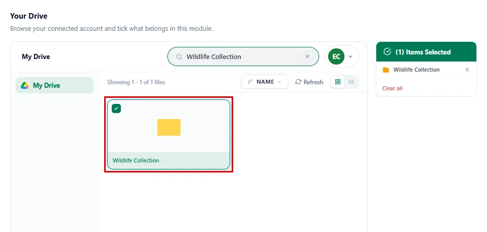 Selecting the Wildlife Collection folder in the Source step