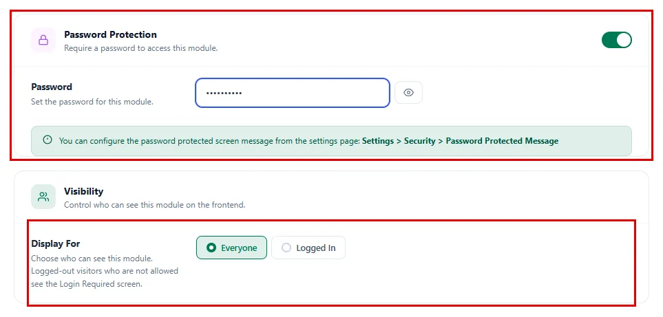 Password Protection and Display For in the Permissions step