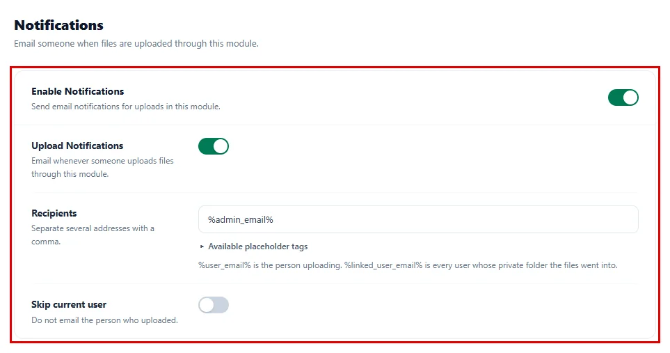 Notifications tab settings