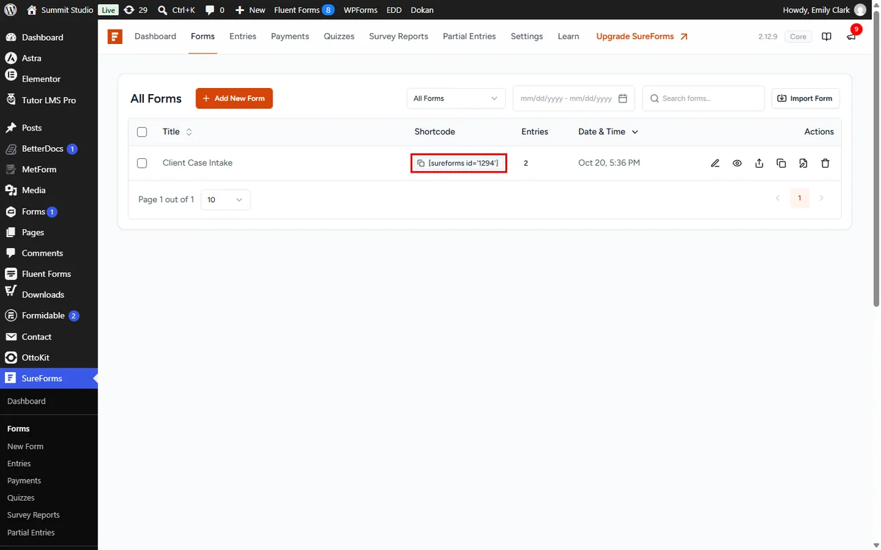 Copy the form shortcode from the SureForms Forms list