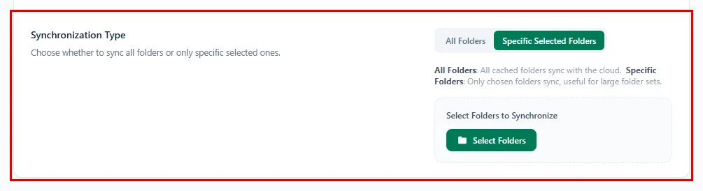 Synchronization Type with Specific Selected Folders chosen