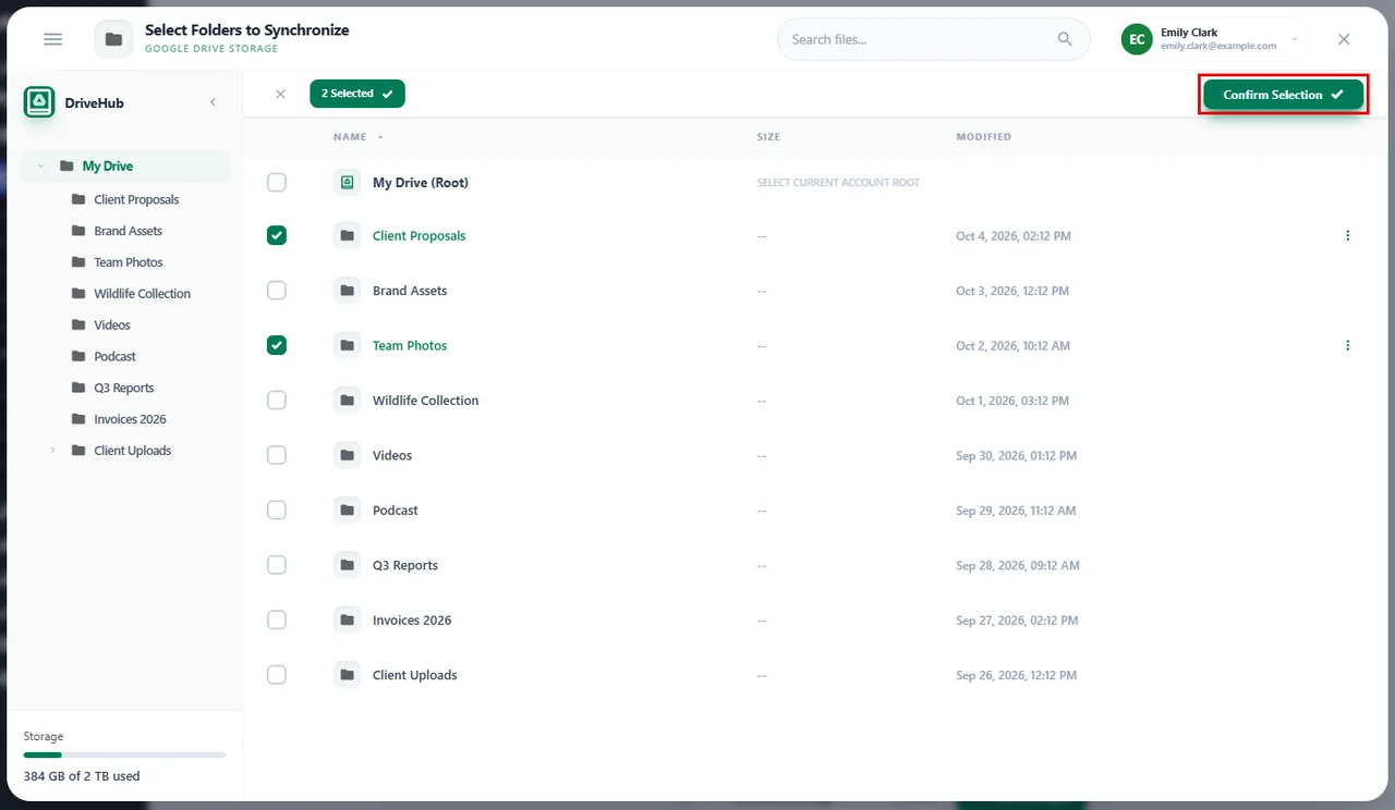 Choosing Team Photos and Client Proposals in the Select Folders to Synchronize window