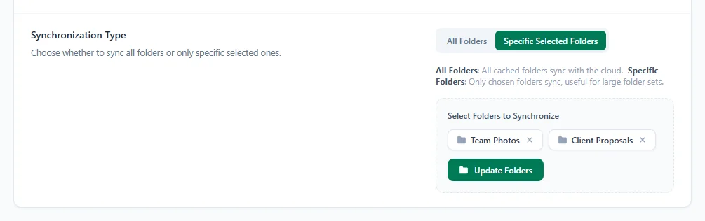 The chosen folders shown as tags with the Update Folders button