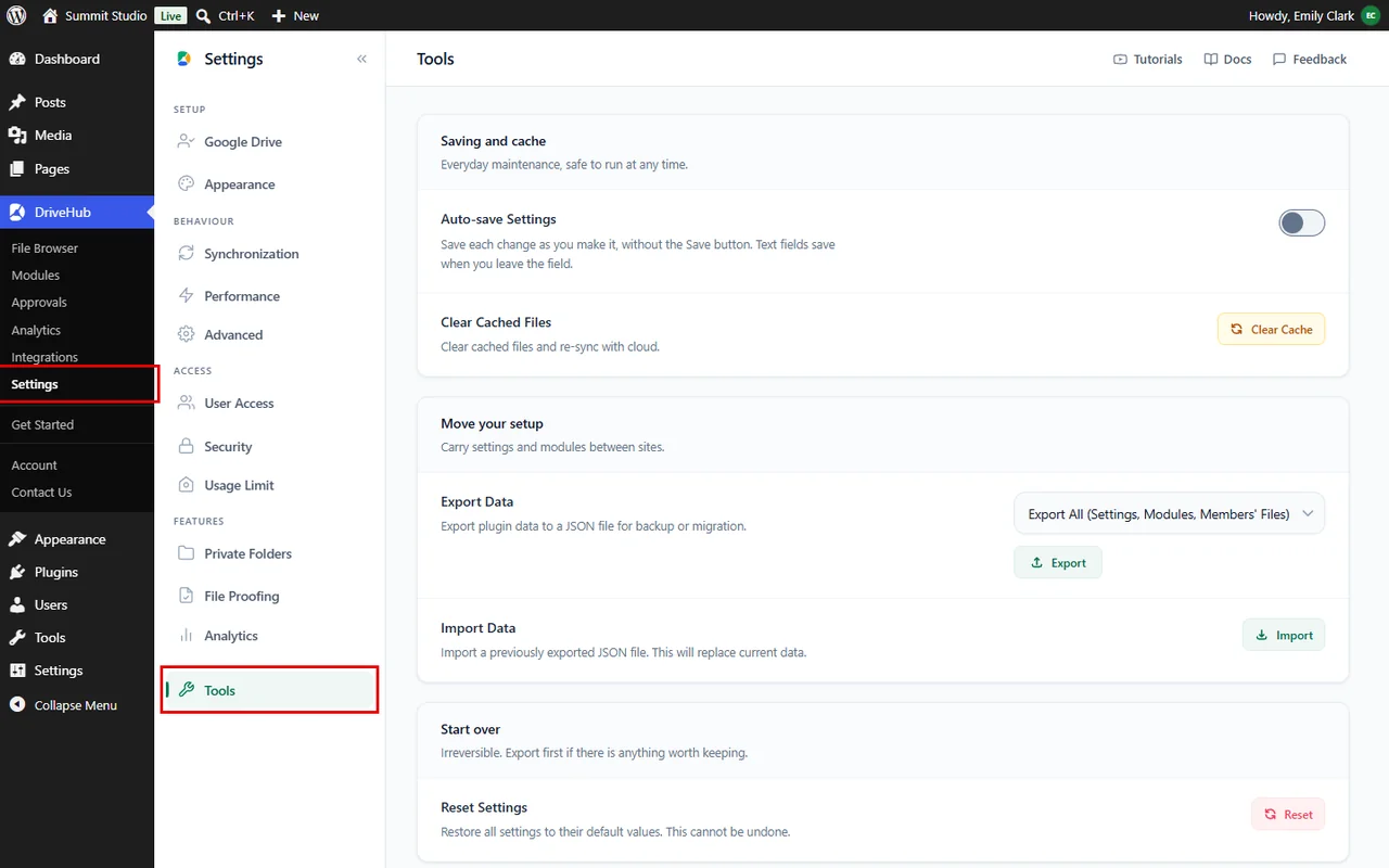 Opening the Tools screen in DriveHub settings