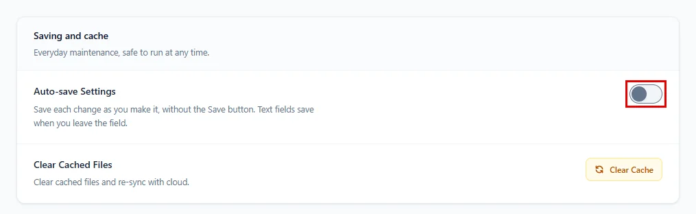The Auto-save Settings switch, off by default
