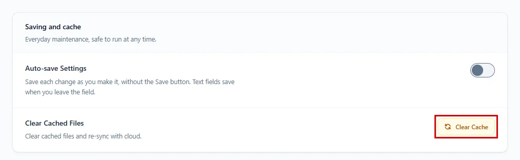 The Clear Cache button in the Saving and cache group