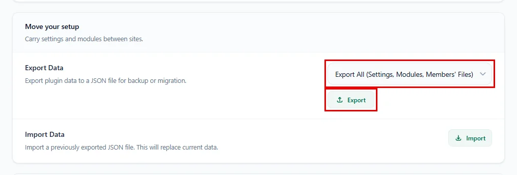 Choosing what to export and clicking Export