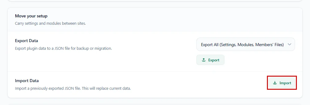 The Import button in the Move your setup group