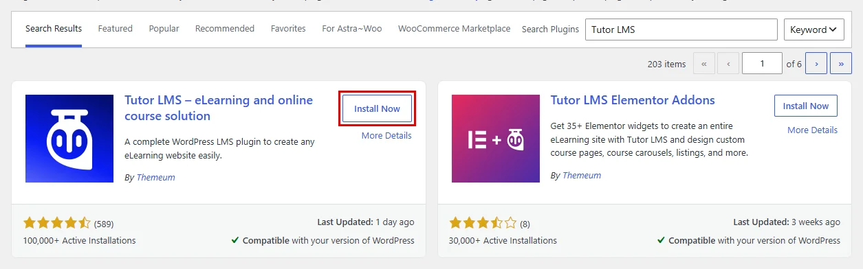 Tutor LMS in the Add Plugins search results