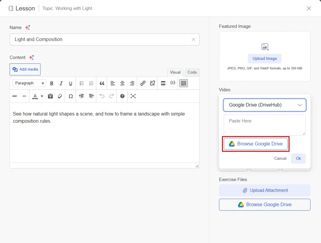 Google Drive (DriveHub) chosen as the lesson video source, with the Browse Google Drive button below
