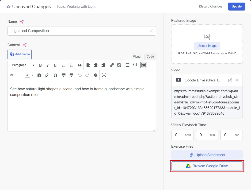 The Browse Google Drive button under Exercise Files in the lesson editor