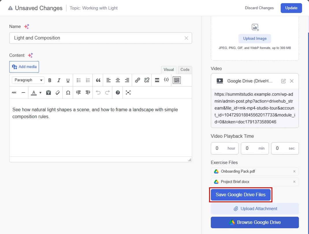 Two Google Drive files listed under Exercise Files, with the Save Google Drive Files button