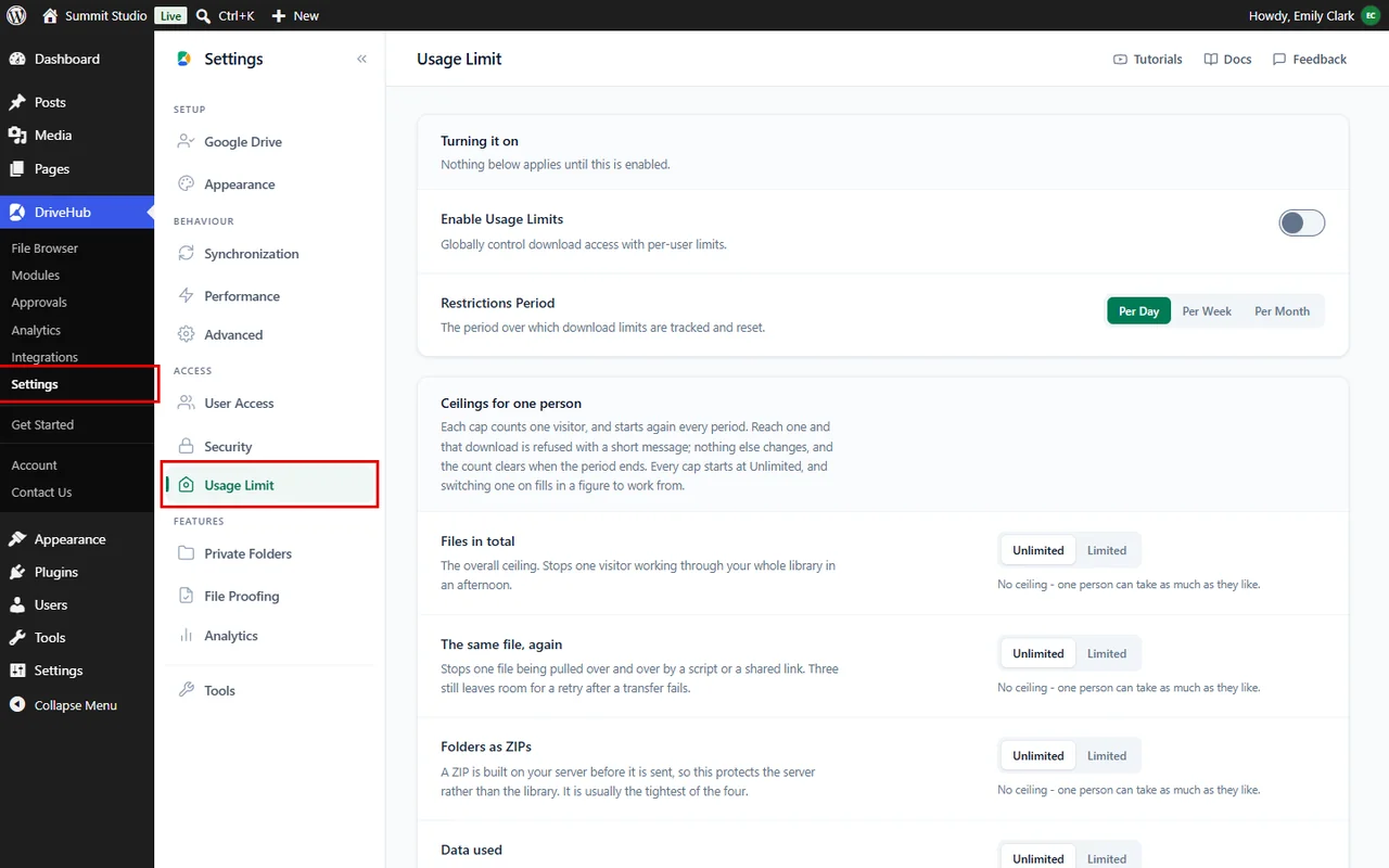 Opening the Usage Limit tab in DriveHub settings