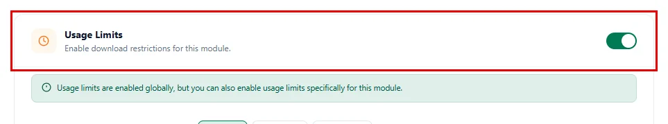 The Usage Limits card switched on in the module Permissions tab