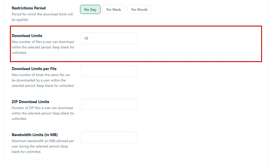 Module usage limit fields with Download Limits set to 10