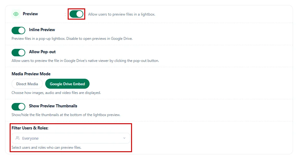 The Preview card with its switch and the Filter Users and Roles field