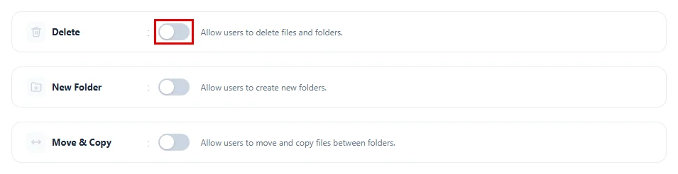 The Delete, New Folder and Move & Copy cards in a file browser module