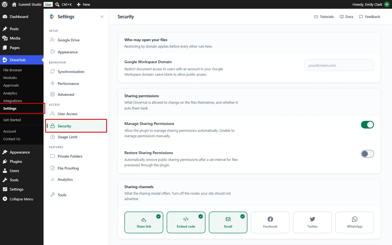 Opening the Security settings in DriveHub