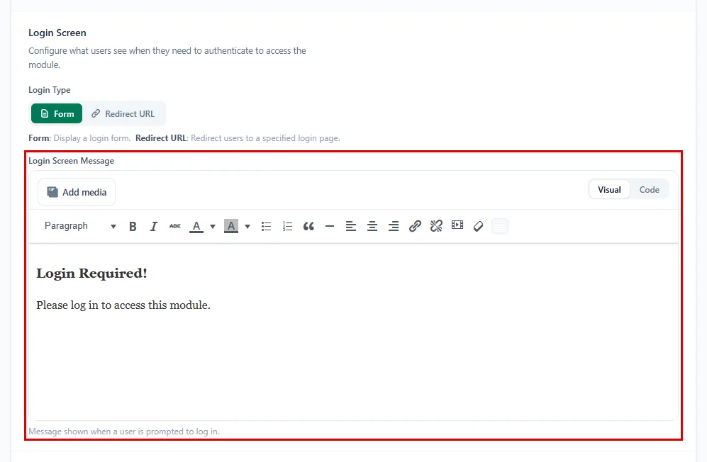 The Login Screen settings with the Login Screen Message editor