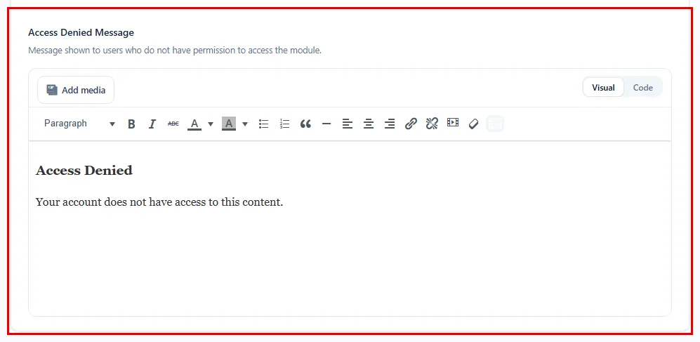 The Access Denied Message editor in the Security settings