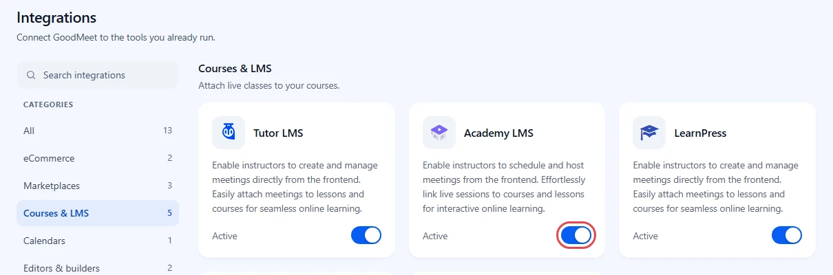 Integrations screen with the Courses & LMS category open and the Academy LMS toggle highlighted