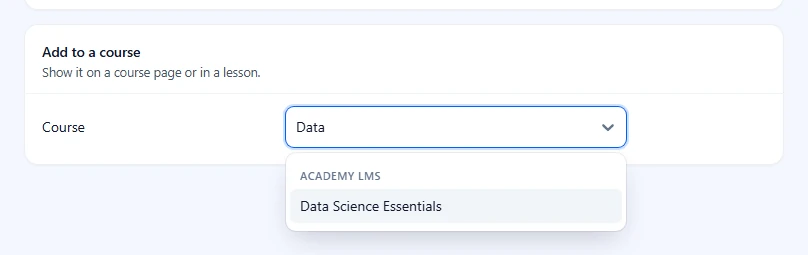 Add to a course card with the course search open and Data Science Essentials listed under Academy LMS