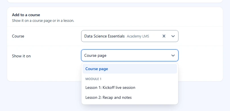 Show it on menu open with Course page and the lessons of Module 1