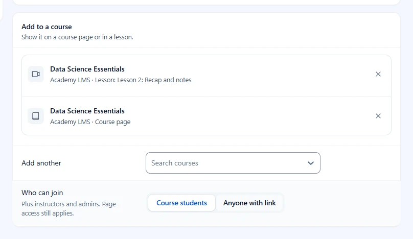 Add to a course card with a lesson row and a course page row, and the Who can join choice open
