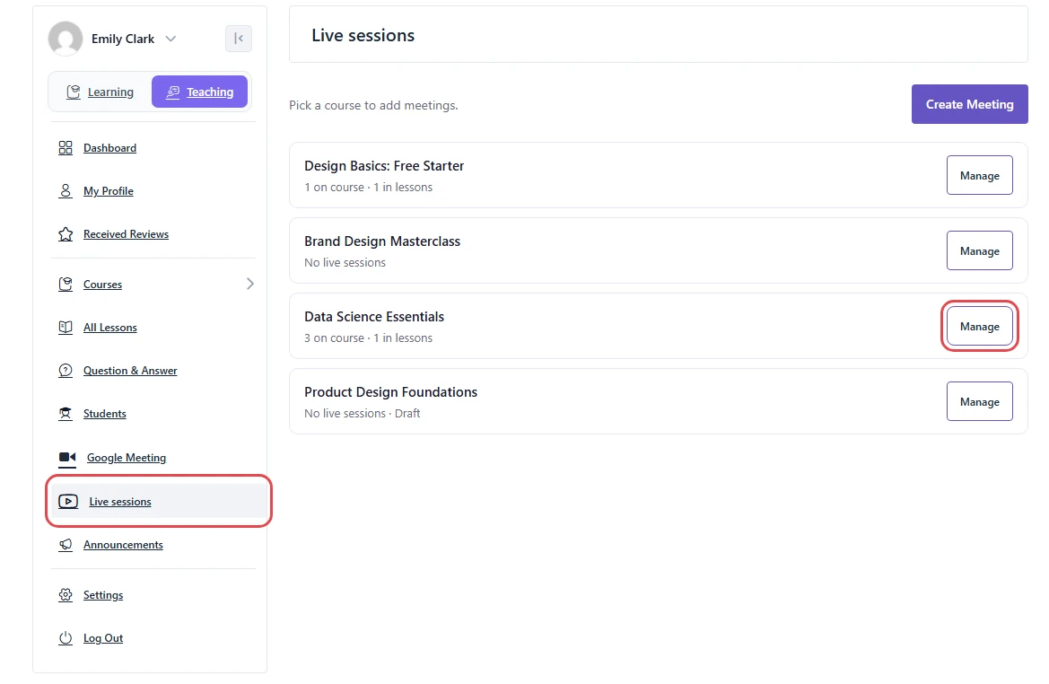 Academy dashboard with Live sessions highlighted in the Teaching menu and the Manage button of Data Science Essentials highlighted