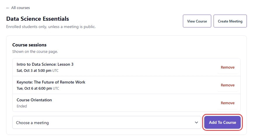 Course sessions card with three meetings, a Choose a meeting select and the Add To Course button highlighted