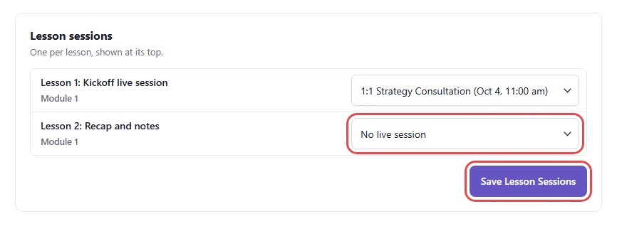 Lesson sessions card with a meeting select per lesson and the Save Lesson Sessions button highlighted