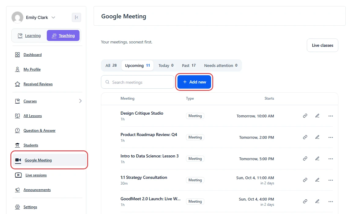 Academy dashboard with the Google Meeting menu item and the Add new button highlighted