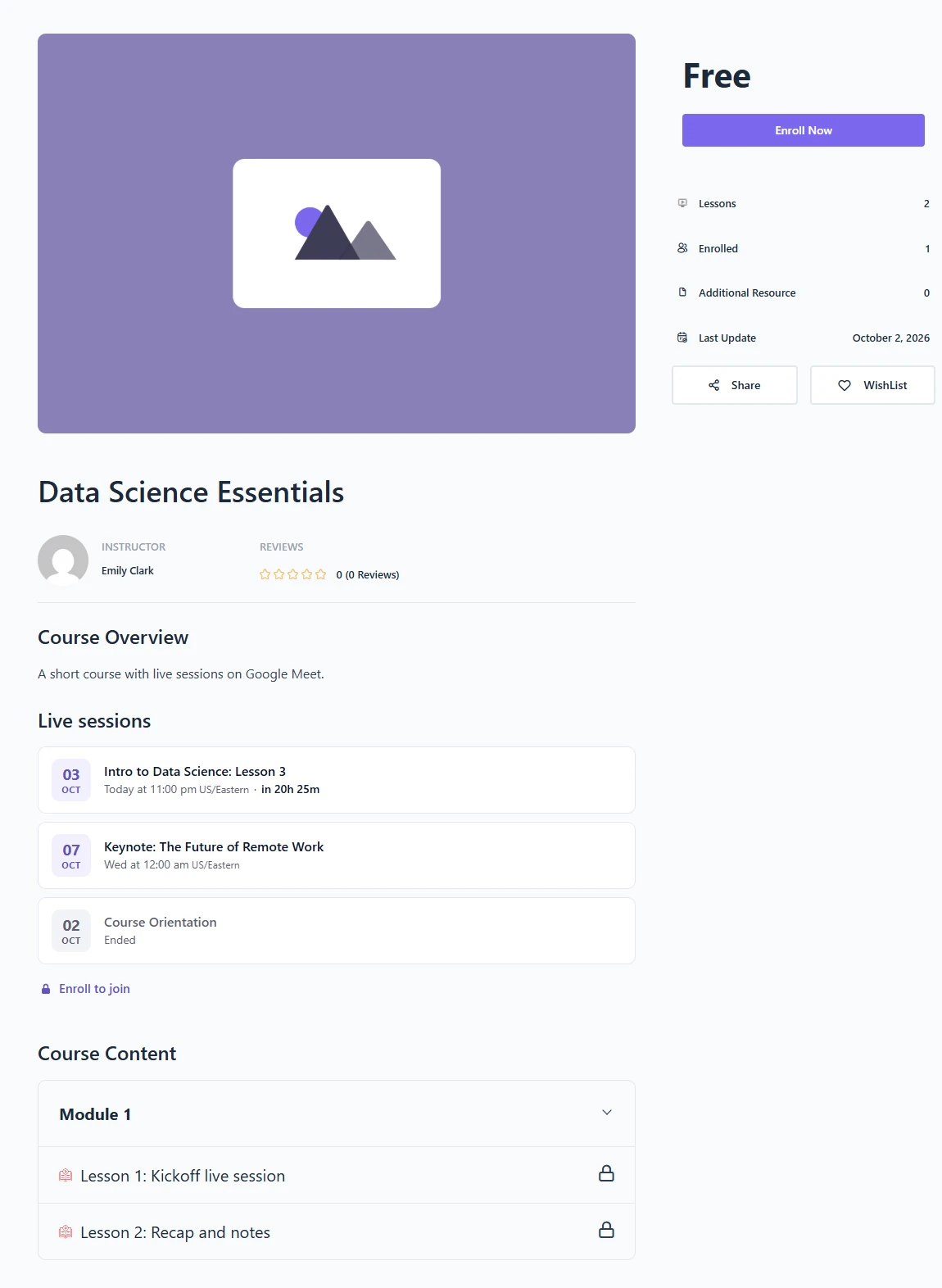 Data Science Essentials course page for a visitor with the Live sessions list and Enroll to join