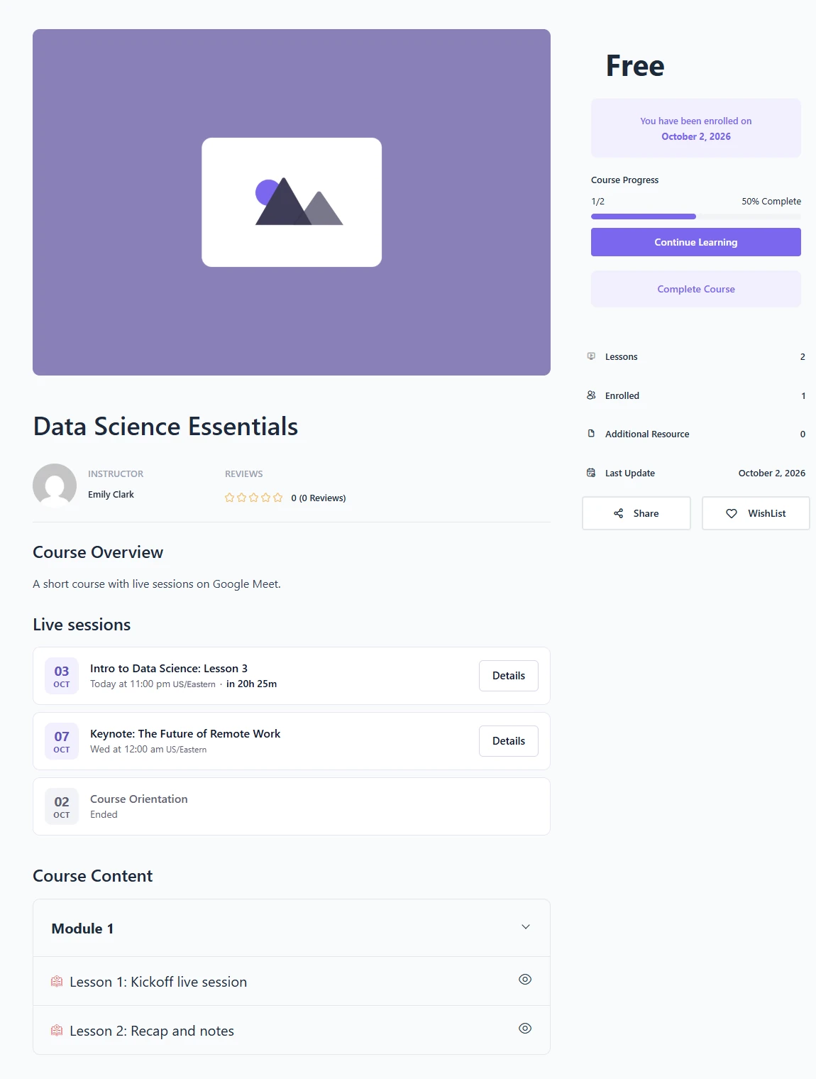 Academy course page for an enrolled student with Details buttons on upcoming sessions