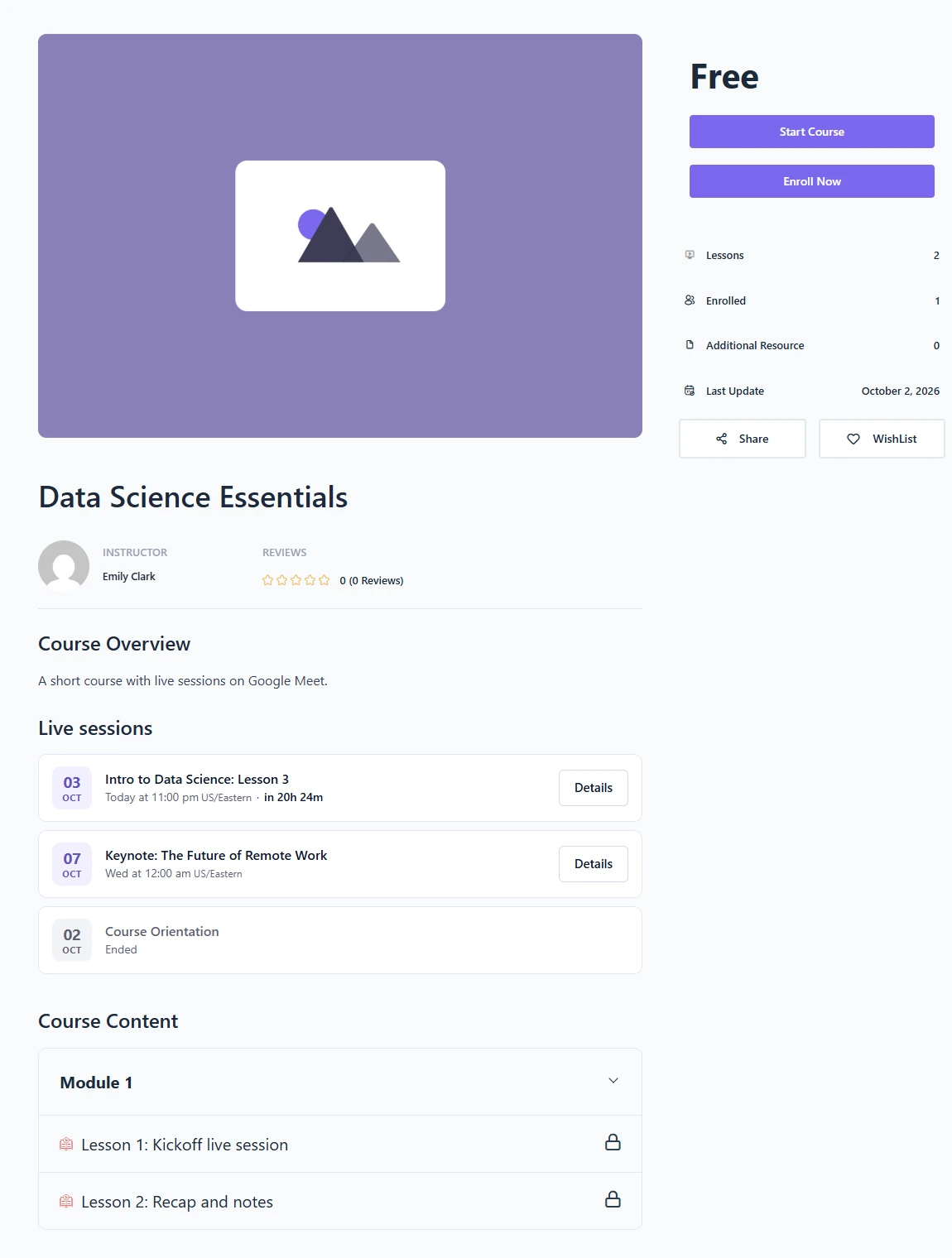Academy course page for the course instructor with Details buttons