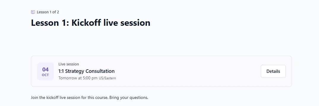 Academy lesson page with a Live session card for 1:1 Strategy Consultation under the lesson title