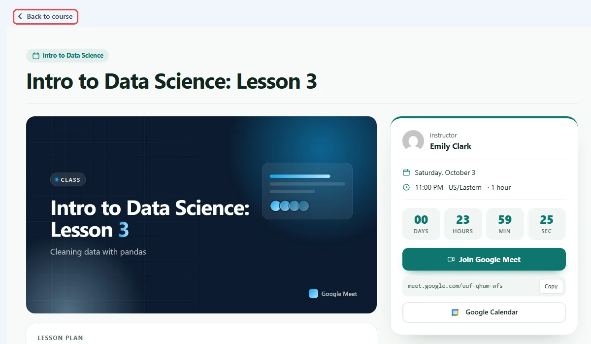 Meeting page with the Back to course link highlighted