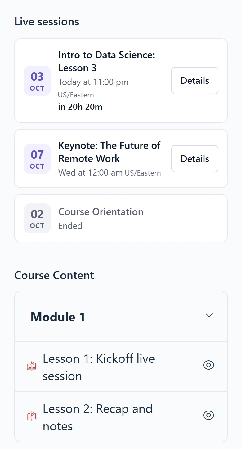 Academy course page on a phone with the Live sessions list stacked above Course Content