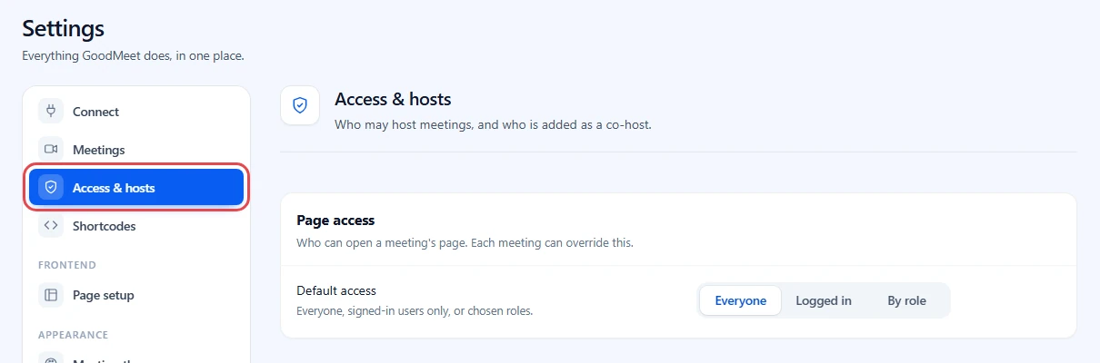GoodMeet Settings with Access & hosts highlighted in the left menu