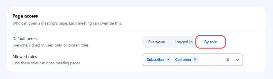 Page access group with By role selected and Subscriber and Customer in Allowed roles