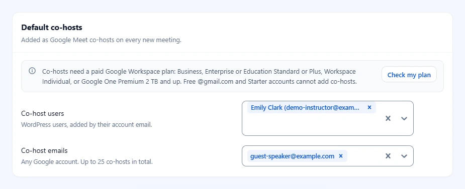 Default co-hosts with one WordPress user and one email address added