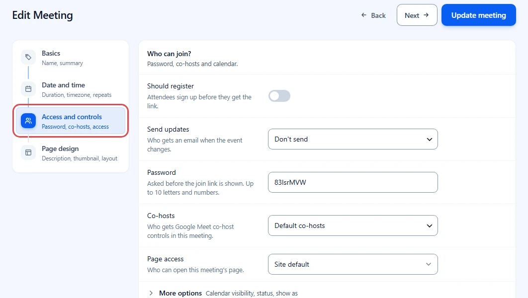 Edit Meeting screen with the Access and controls step highlighted