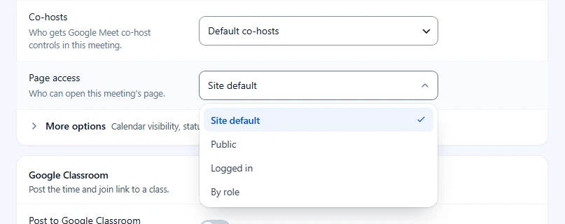 Page access list open with Site default, Public, Logged in and By role