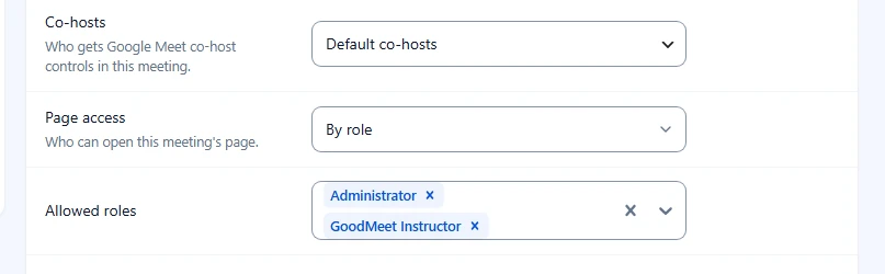 Page access set to By role with Administrator and GoodMeet Instructor allowed