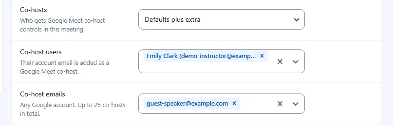 Co-hosts set to Defaults plus extra with one user and one email added