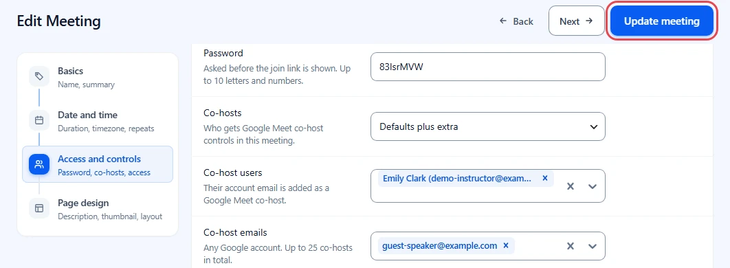 Update meeting button highlighted on the Edit Meeting screen