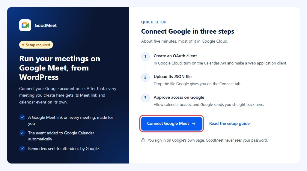 Connect Google in three steps screen with the Connect Google Meet button highlighted