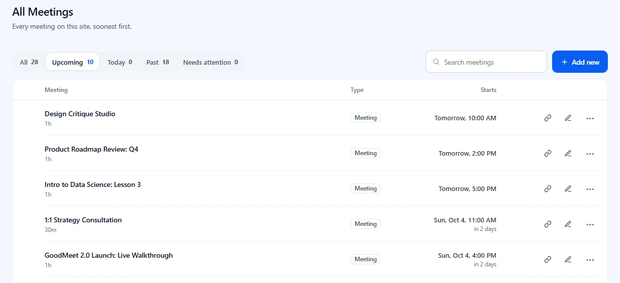 All Meetings list with the Upcoming tab selected
