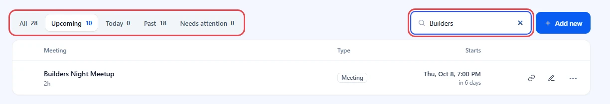 Filter tabs and the Search meetings field, with Builders typed in the search
