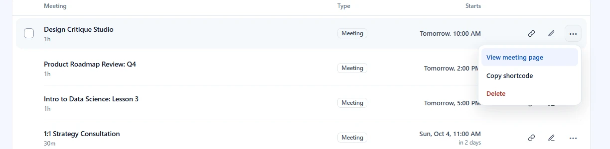 Row actions menu open with View meeting page, Copy shortcode and Delete